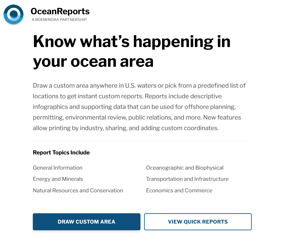 Screenshot of the Openning Page for the Ocean Reports Tool, with title "Know what’s happening in your ocean area"