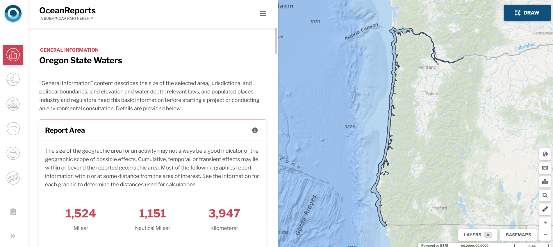 Screenshot of Ocean Reports Tool, displaying a basic report about Oregon State Waters
